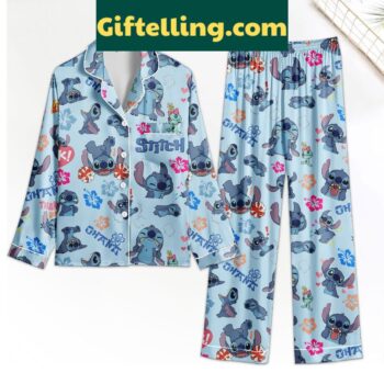 Stitch Ohana Family Hibicus Polyester Pajamas Set for kids and adults