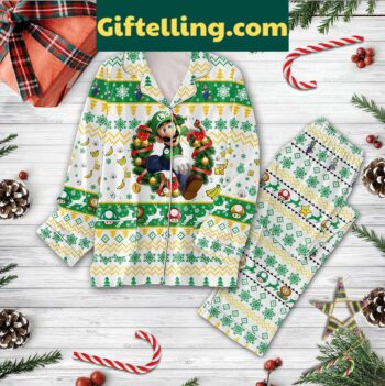 Super Mario Bros Luigi Mario Christmas Wreath Silk Pajamas Set