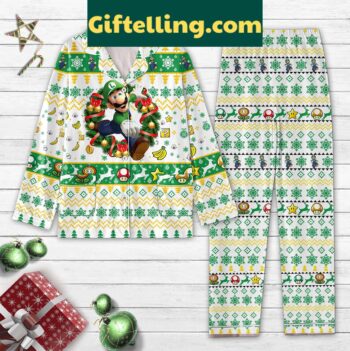 Super Mario Bros Luigi Mario Christmas Wreath Silk Pajamas Set