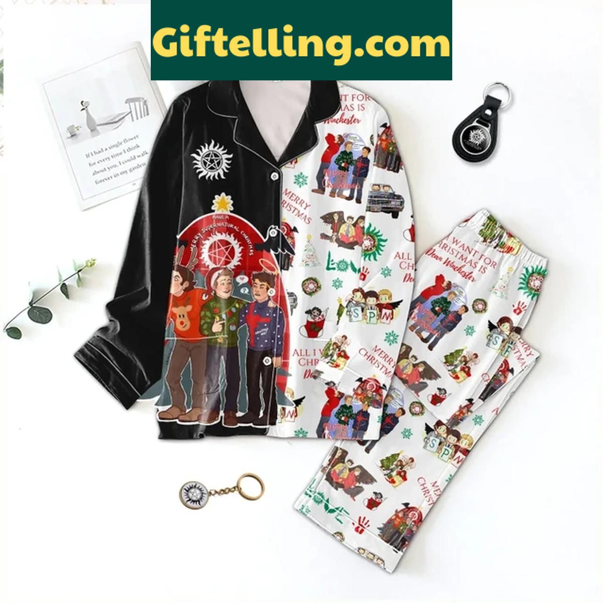 Supernatural Dean Winchester Is All I Want For Christmas Polyester Pajamas Set Supernatural Dean Winchester Christmas Polyester Pajamas Set on a white background