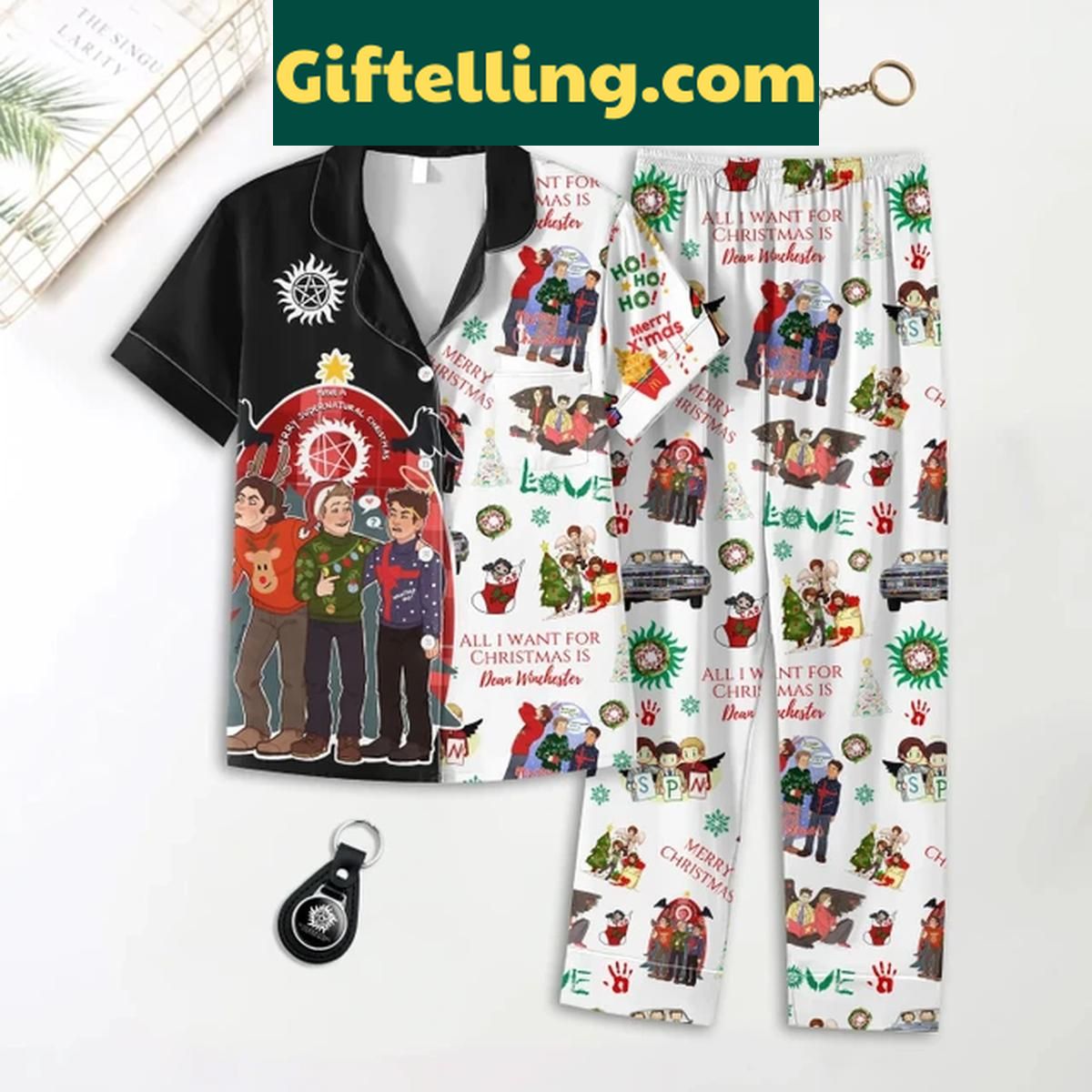 Supernatural Dean Winchester Is All I Want For Christmas Polyester Pajamas Set Supernatural Dean Winchester Christmas Polyester Pajamas Set on a white background