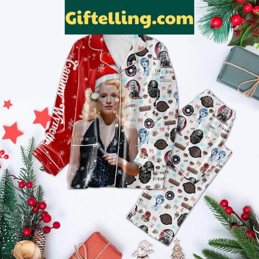 Tammy Wynette Christmas Polyester Pajamas Set with fun phrase 'Can You Pull Over To The Side'