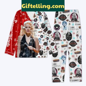 Tammy Wynette Christmas Polyester Pajamas Set with fun phrase 'Can You Pull Over To The Side'