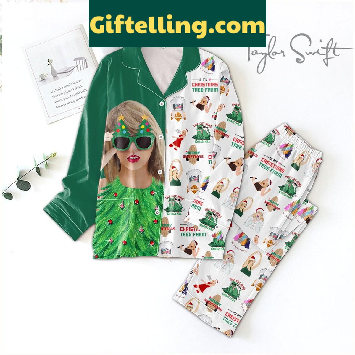 Taylor Swift Christmas Tree Farm Polyester Pajamas Set Green Version Taylor Swift Christmas Tree Farm green polyester pajamas set