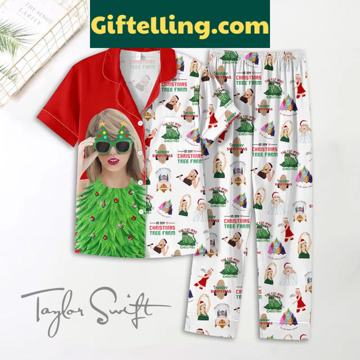 Taylor Swift Christmas Tree Farm Red Design Polyester Pajamas Set Taylor Swift Christmas Tree Farm Red Design Polyester Pajamas Set