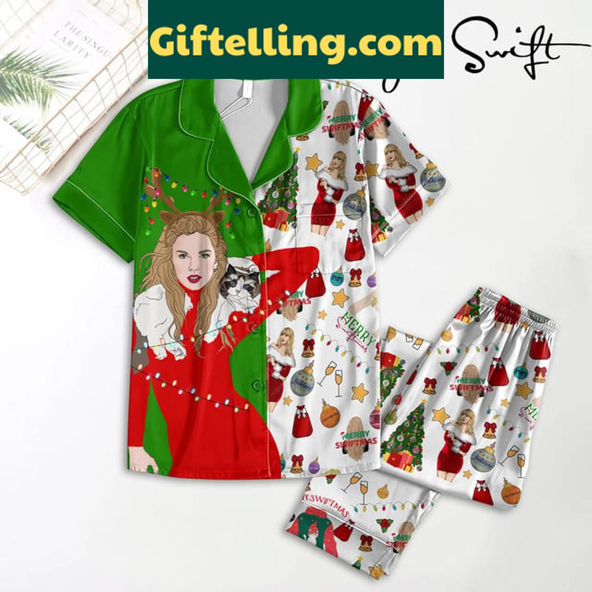 Taylor Swift Happy Swiftmas Celebrate Christmas Polyester Pajamas Set Taylor Swift Happy Swiftmas Celebrate product image showing design and team colors