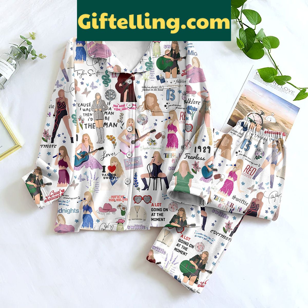 taylor-swift-inspired-white-album-silk-pajamas-set-for-midnight-swifties-1 Taylor Swift inspired white album silk pajamas set with Midnights, Fearless, and Folklore prints
