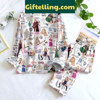 Taylor Swift inspired white album silk pajamas set with Midnights, Fearless, and Folklore prints