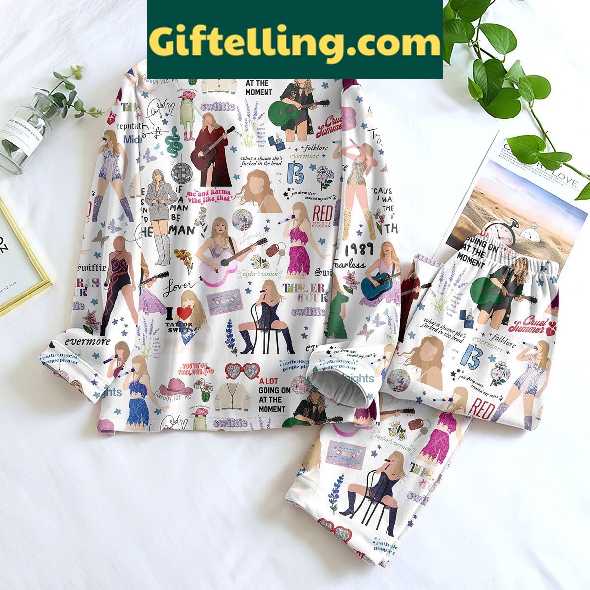 taylor-swift-inspired-white-album-silk-pajamas-set-for-midnight-swifties-2 Taylor Swift inspired white album silk pajamas set with Midnights, Fearless, and Folklore prints