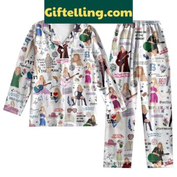 Taylor Swift inspired white album silk pajamas set with Midnights, Fearless, and Folklore prints