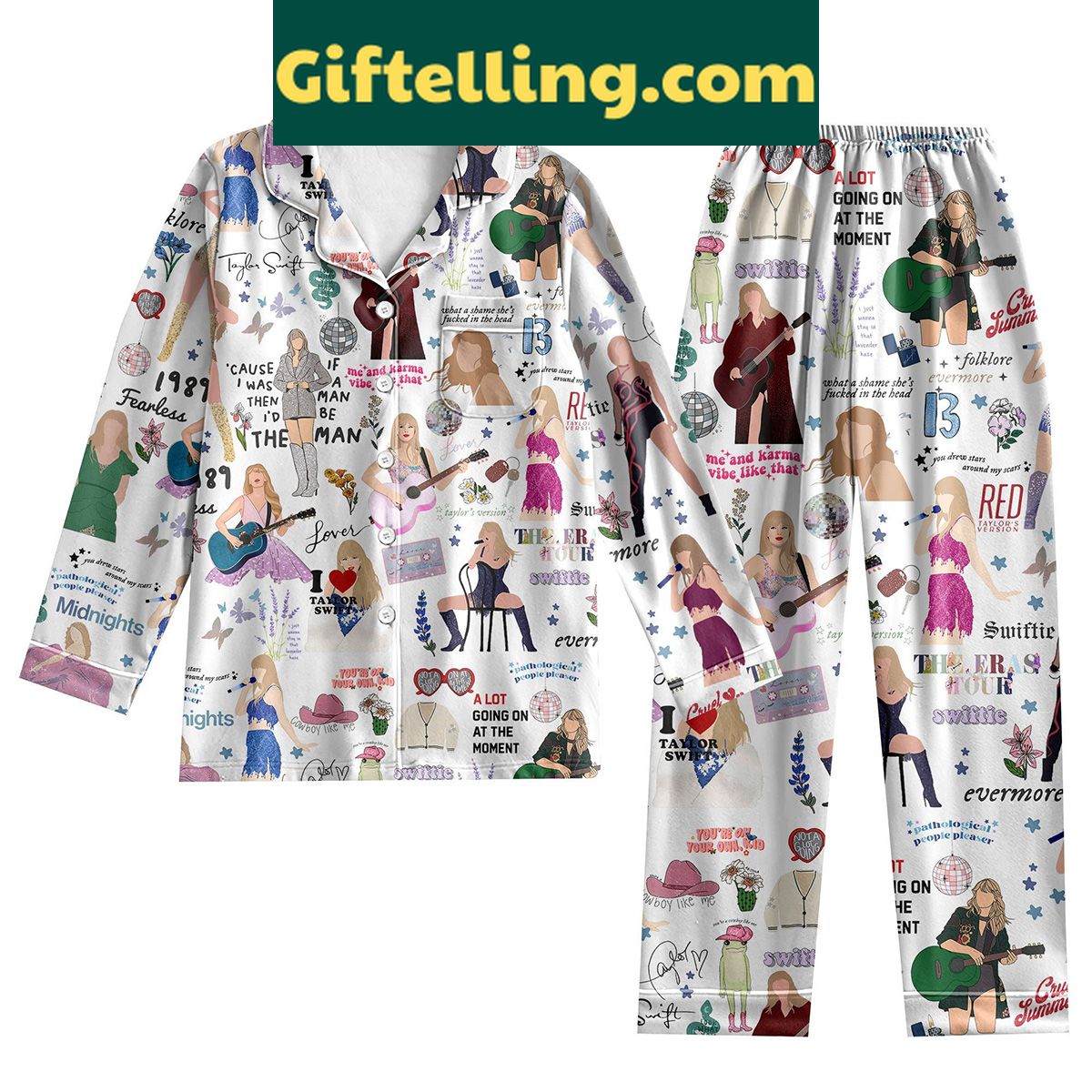 taylor-swift-inspired-white-album-silk-pajamas-set-for-midnight-swifties-3 Taylor Swift inspired white album silk pajamas set with Midnights, Fearless, and Folklore prints