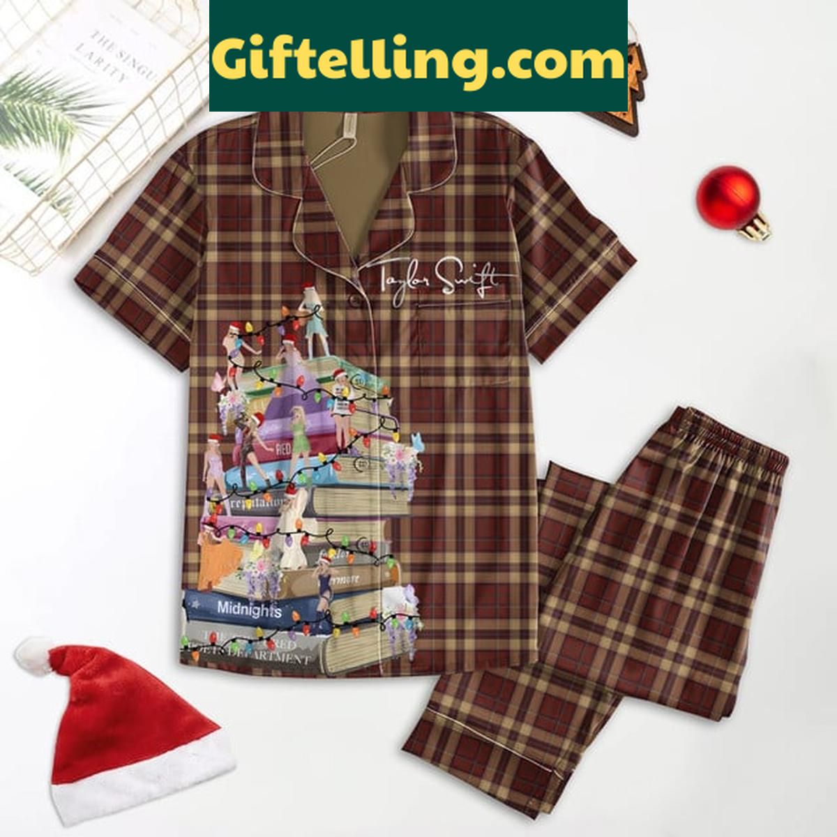 Taylor Swift Merry Christmas 2024 Erasmas Celebrating Polyester Pajamas Set Taylor Swift Merry Christmas 2024 product image showing design and team colors
