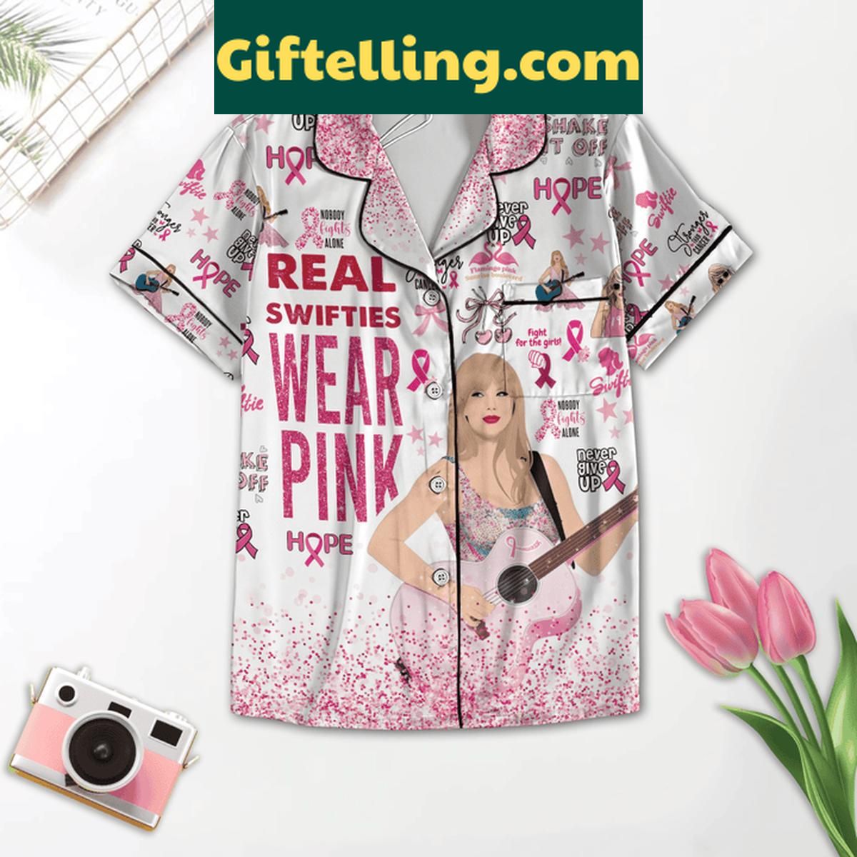 Taylor Swift Real Swifties Wear Pink In October Polyester Pajamas Set Taylor Swift Real Swifties Wear product image showing design and team colors