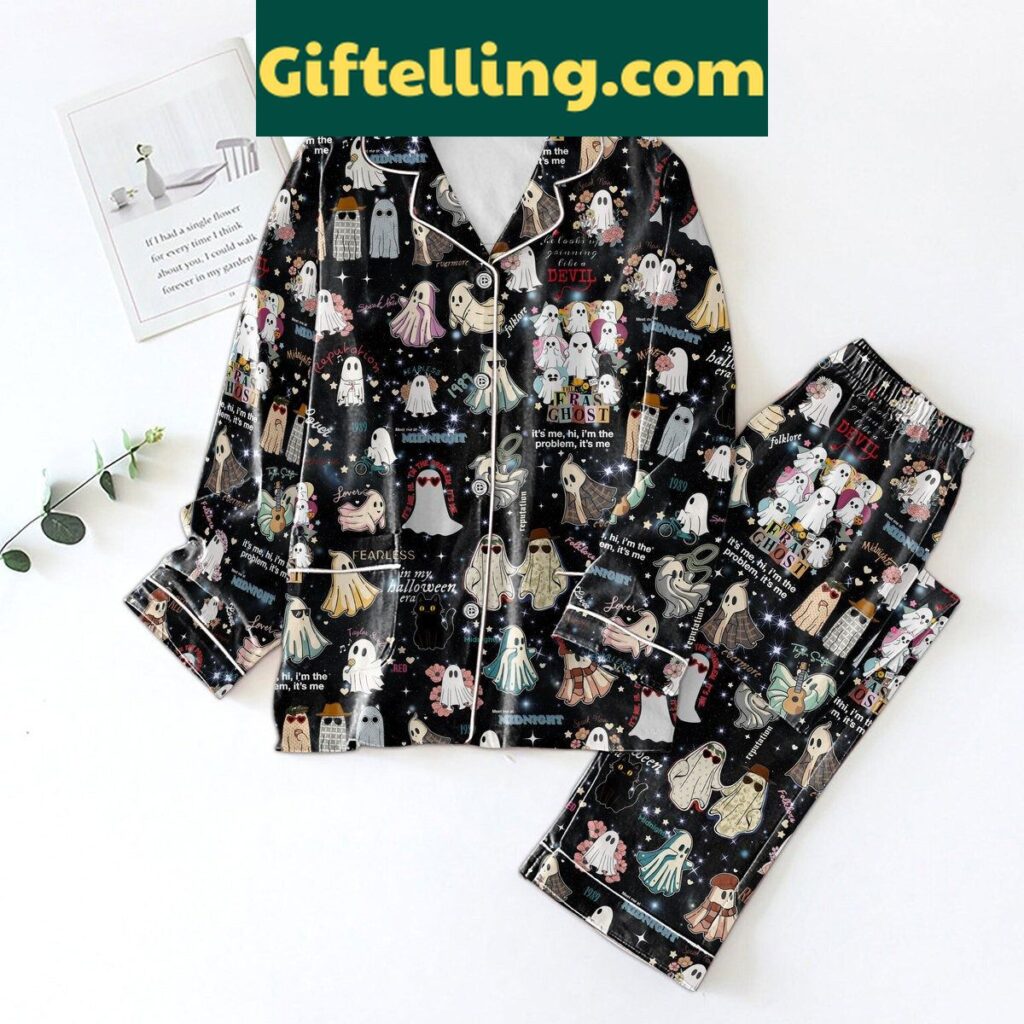 Taylor Swift The Eras Tour Ghost Halloween Pajamas Set with white ghost print and soft fabric