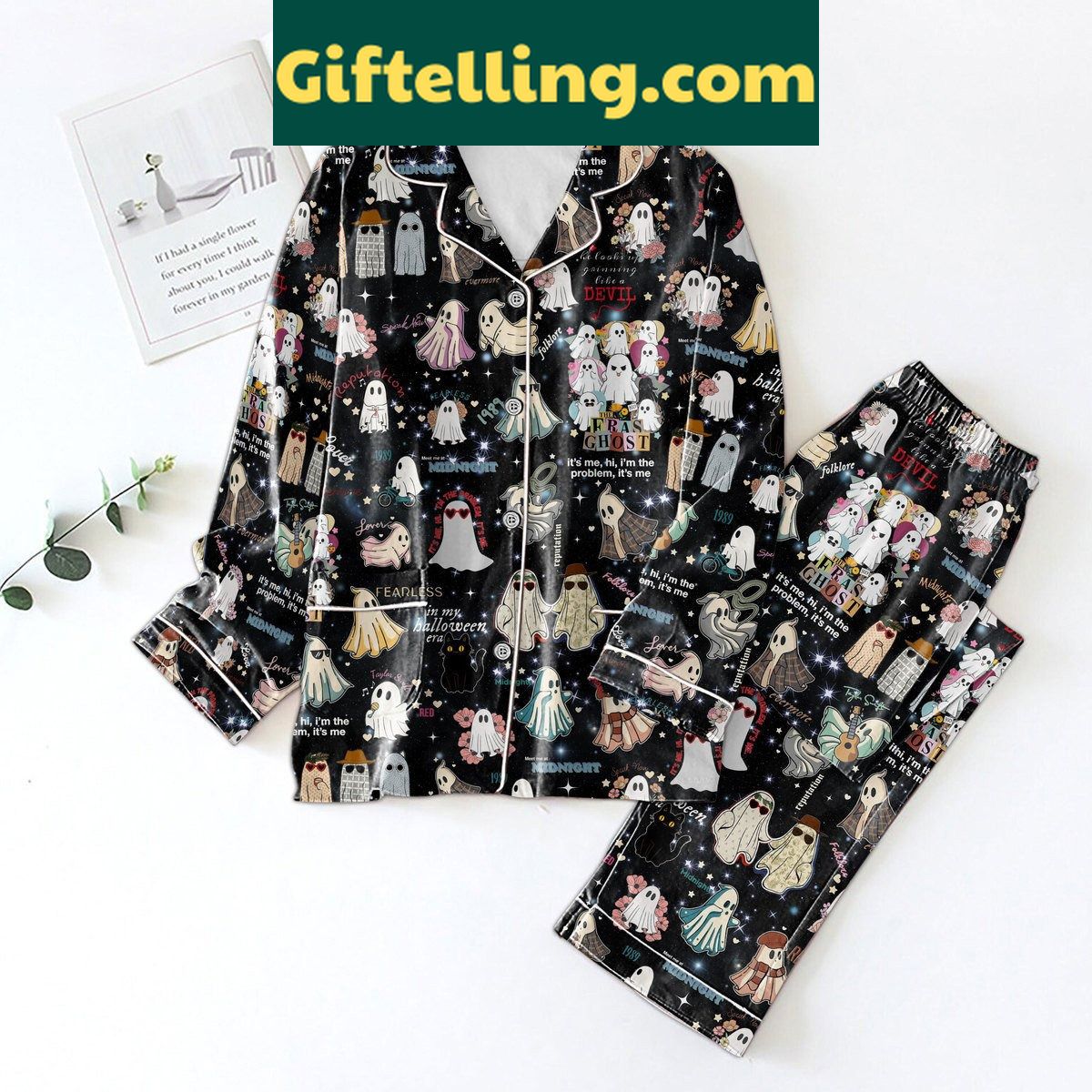 taylor-swift-the-eras-tour-ghost-halloween-pajamas-set-for-superfans-1 Taylor Swift The Eras Tour Ghost Halloween Pajamas Set with white ghost print and soft fabric