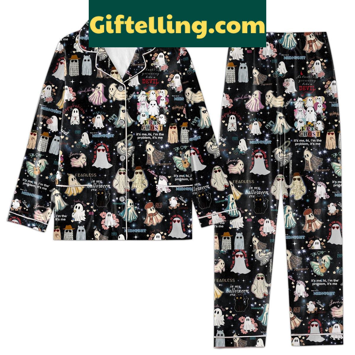 taylor-swift-the-eras-tour-ghost-halloween-pajamas-set-for-superfans-2 Taylor Swift The Eras Tour Ghost Halloween Pajamas Set with white ghost print and soft fabric