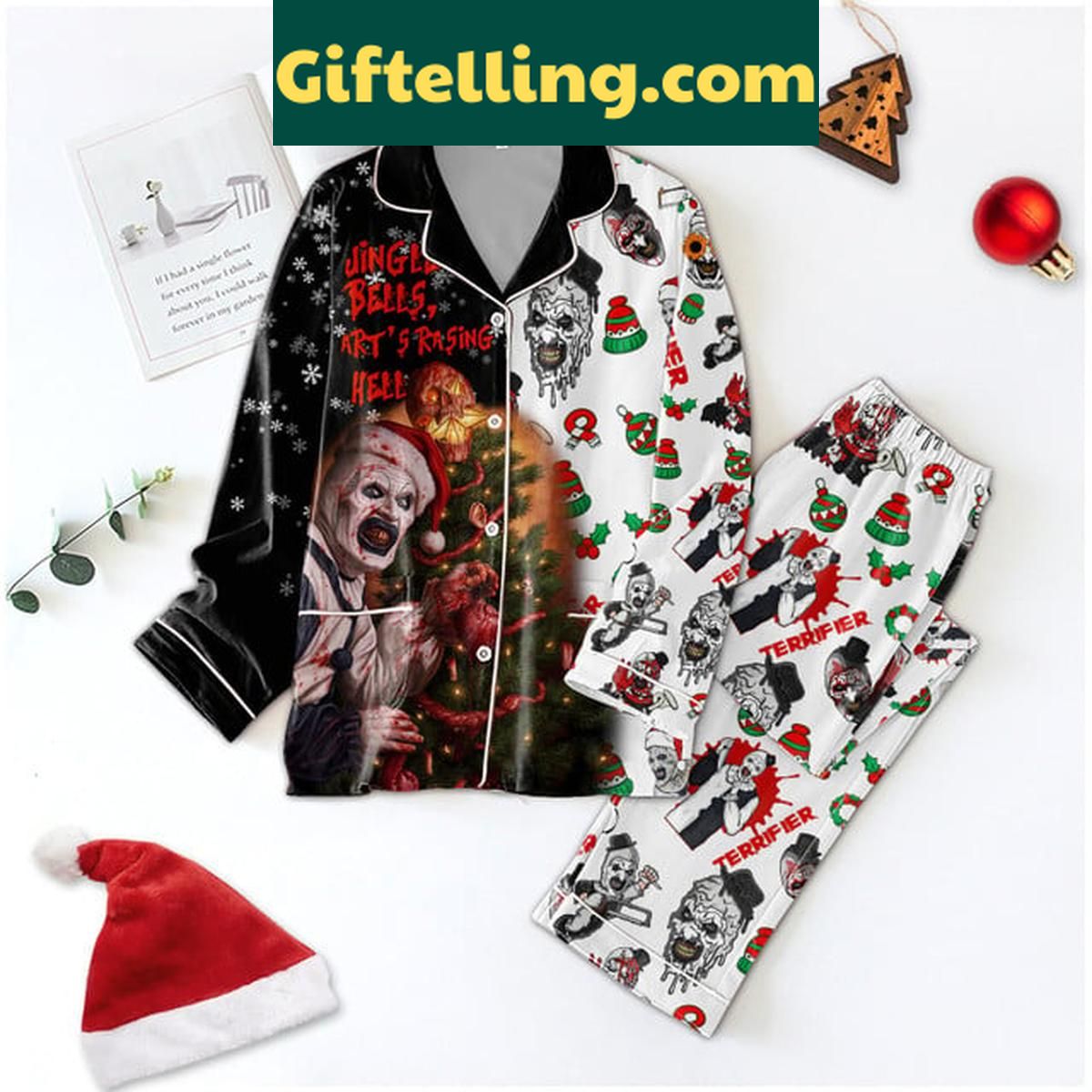 Terrifier 3 Jingle Bells Merry Christmas Polyester Pajamas Set Terrifier 3 Jingle Bells Merry product image showing design and team colors