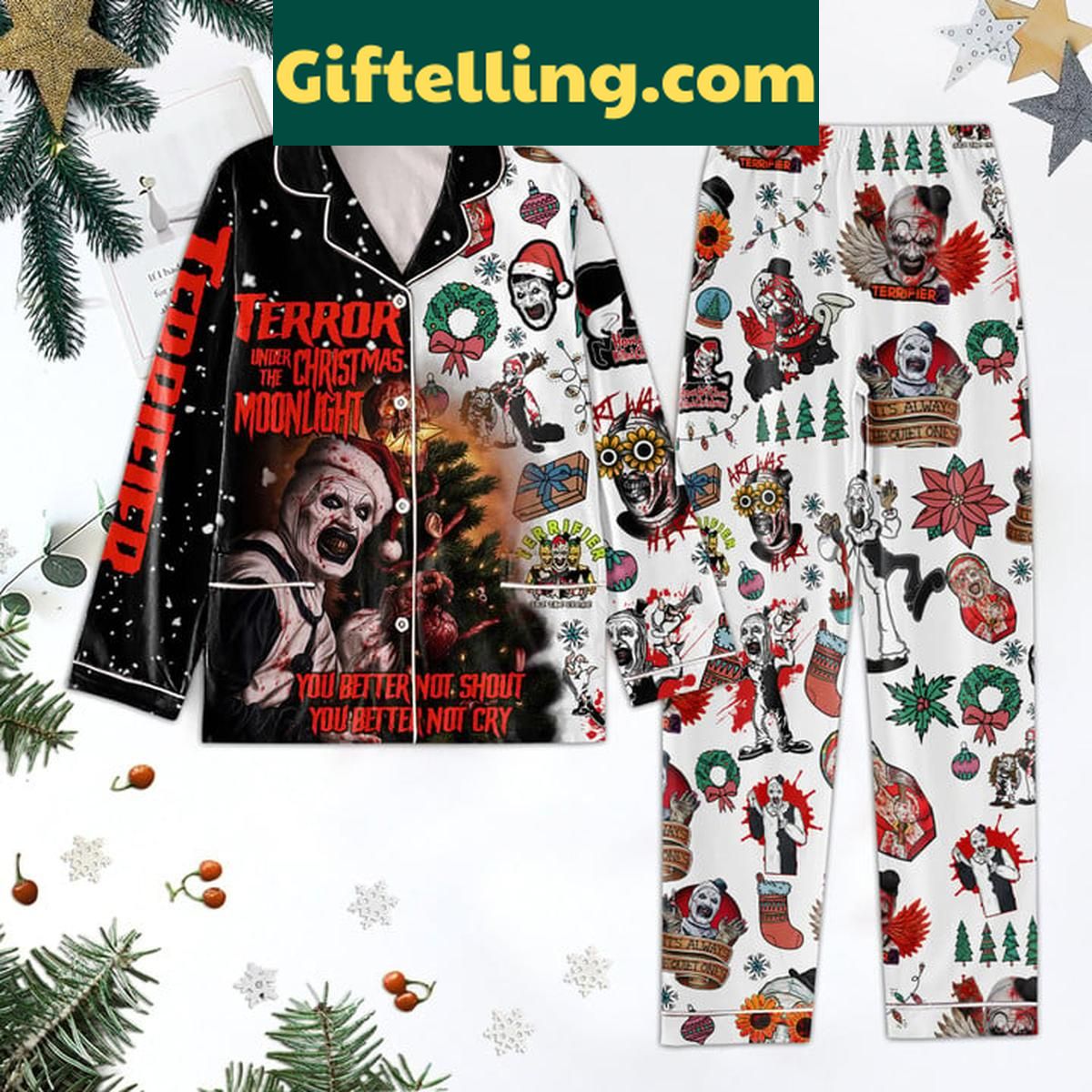Terrifier 3 Terror Under The Christmas Moonlight Polyester Pajamas Set Terrifier 3 Christmas polyester pajamas set for men and women