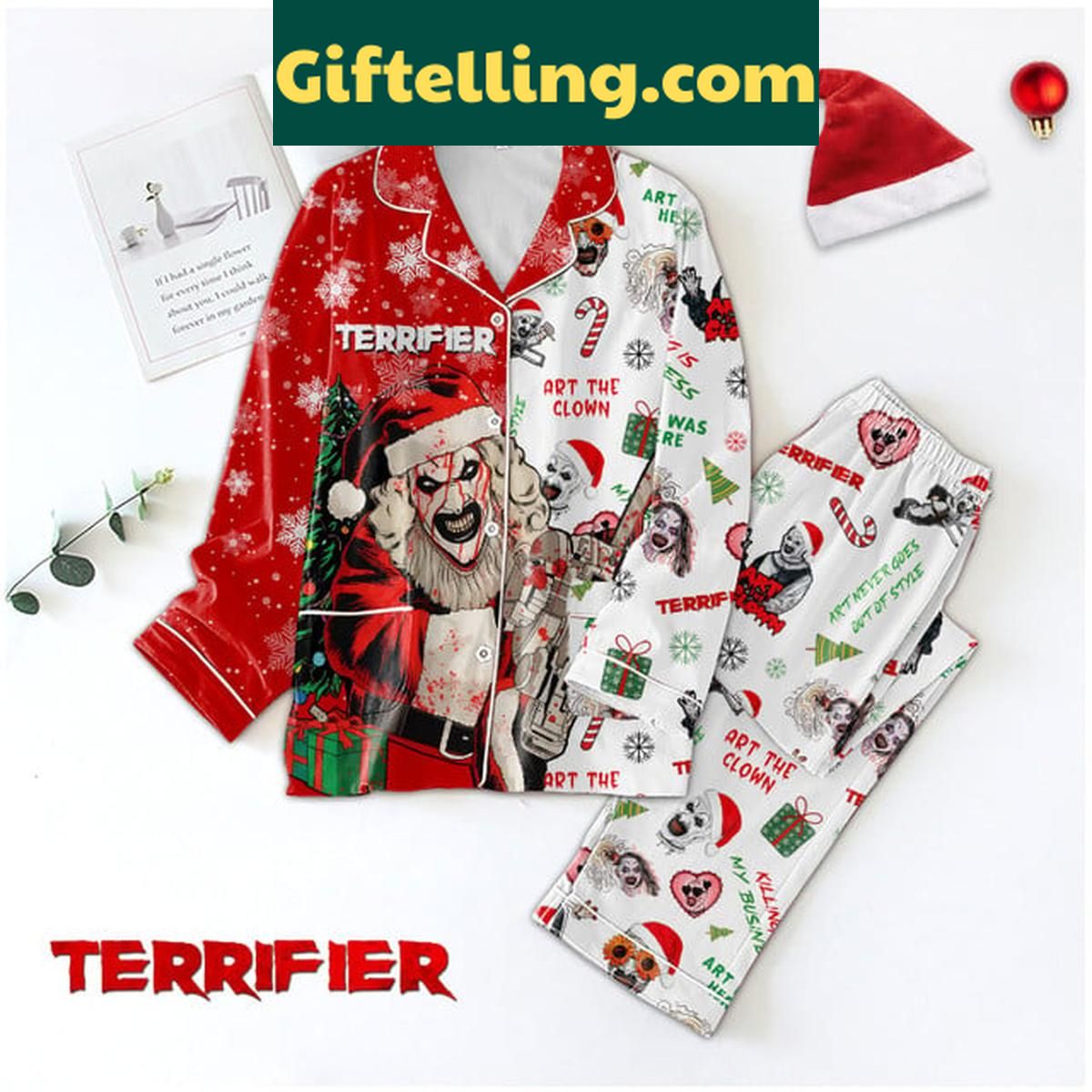 Terrifier 2024 Art The Clown Santa Merry Christmas Polyester Pajamas Set Terrifier Art The Clown Santa product image showing design and team colors