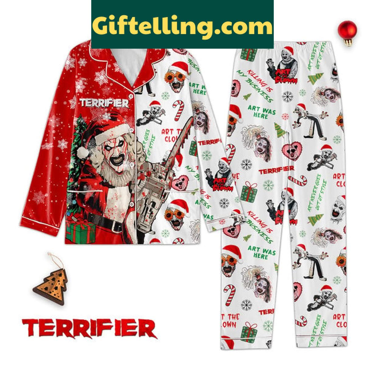 Terrifier 2024 Art The Clown Santa Merry Christmas Polyester Pajamas Set Terrifier Art The Clown Santa product image showing design and team colors