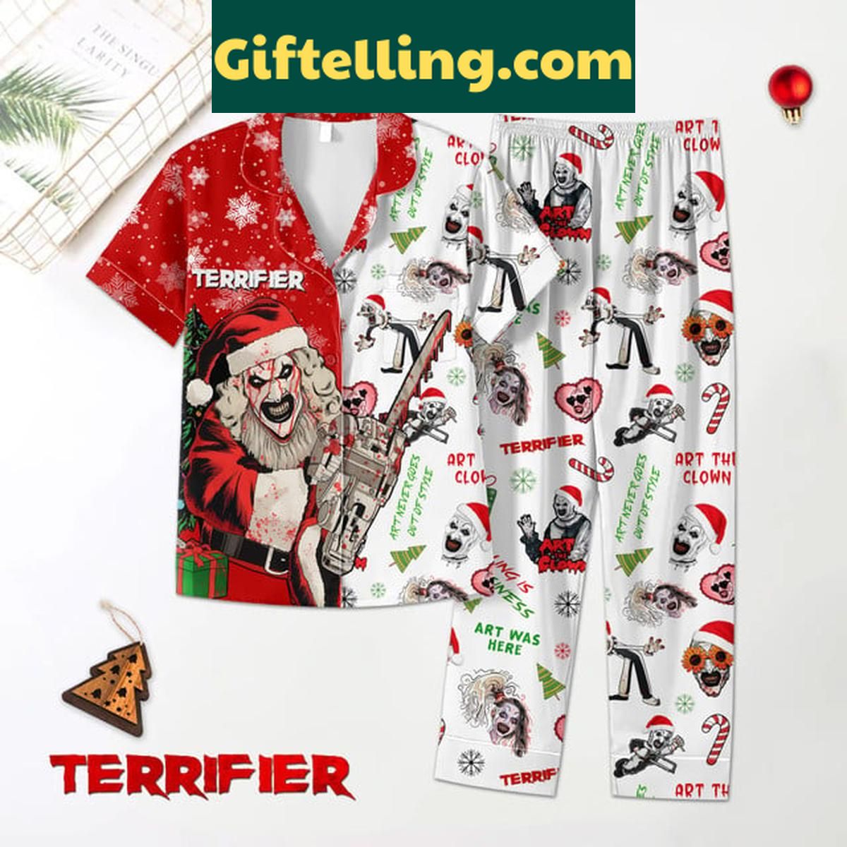 Terrifier 2024 Art The Clown Santa Merry Christmas Polyester Pajamas Set Terrifier Art The Clown Santa product image showing design and team colors