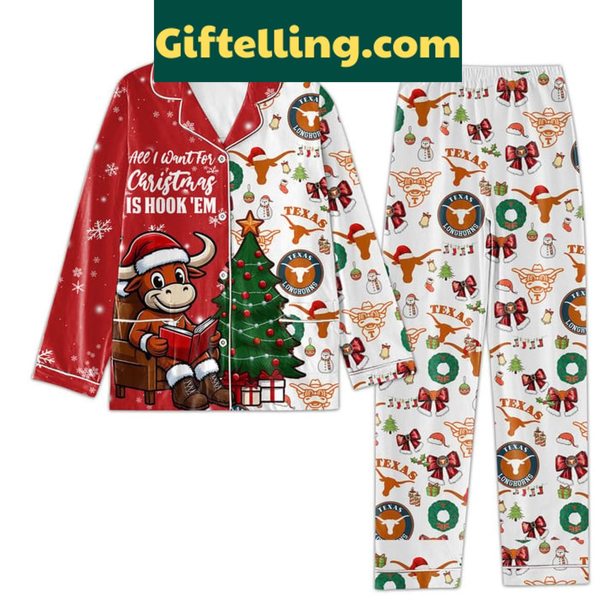 Texas Longhorns All I Want For Christmas Is Hook 'Em Polyester Pajamas Set Texas Longhorns Christmas Pajamas Set