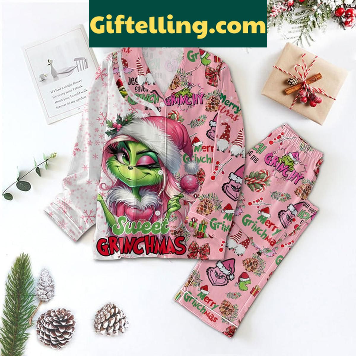 The Grinch Sweet Grinchmas Merry Christmas Polyester Pajamas Set The Grinch Sweet Grinchmas Merry Christmas Polyester Pajamas Set
