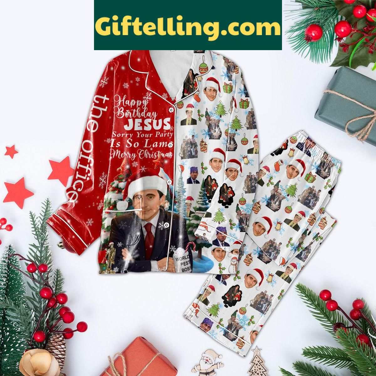 The Office Happy Birthday Jesus Merry Christmas Polyester Pajamas Set The Office Happy Birthday Jesus product image showing design and team colors