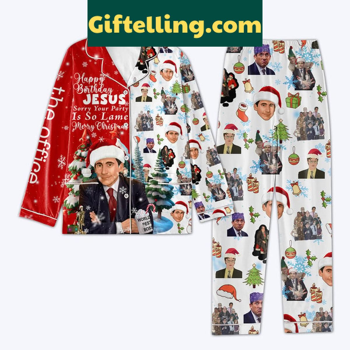 The Office Happy Birthday Jesus Merry Christmas Polyester Pajamas Set The Office Happy Birthday Jesus product image showing design and team colors