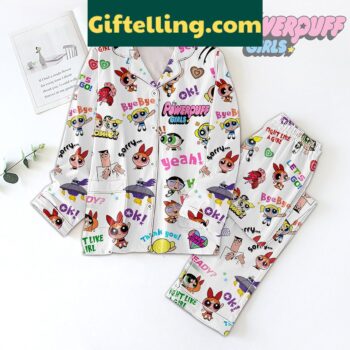 The Powerpuff Girls silk pajamas set featuring Blossom, Bubbles, and Buttercup