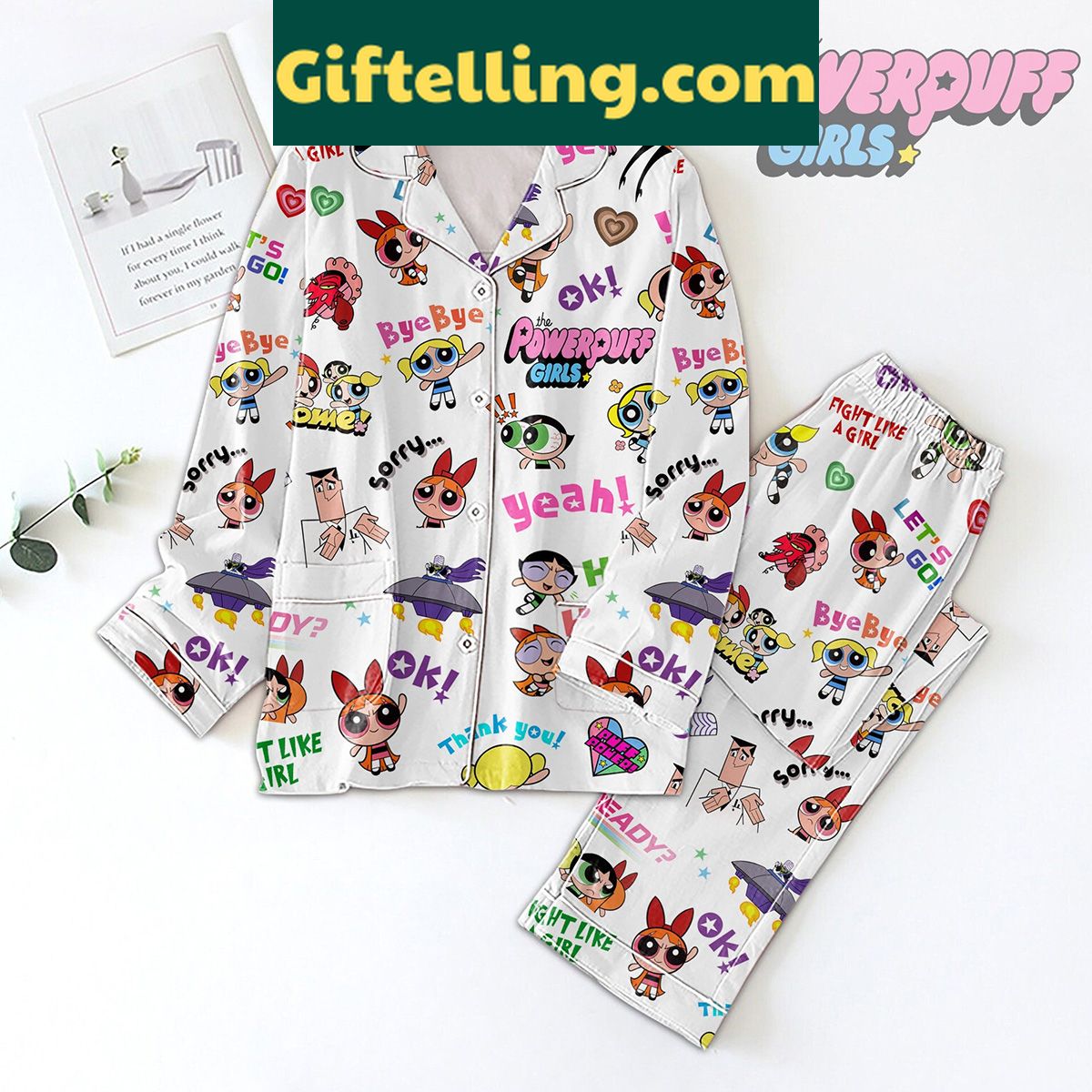 the-powerpuff-girls-pajamas-set-fight-like-a-girl-silk-pjs-blossom-bubbles-buttercup-1 The Powerpuff Girls silk pajamas set featuring Blossom, Bubbles, and Buttercup