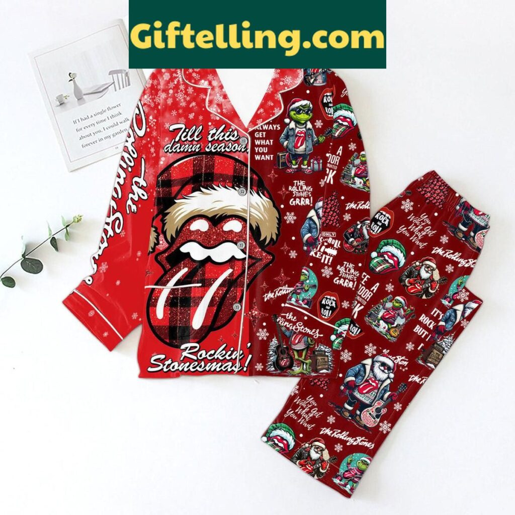 The Rolling Stones Grinchmas Christmas Polyester Pajamas Set for men and women in front of a holiday background