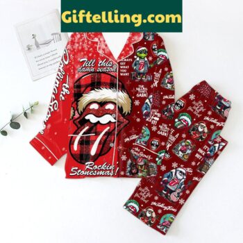 The Rolling Stones Grinchmas Christmas Polyester Pajamas Set for men and women in front of a holiday background