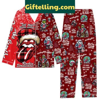 The Rolling Stones Grinchmas Christmas Polyester Pajamas Set for men and women in front of a holiday background