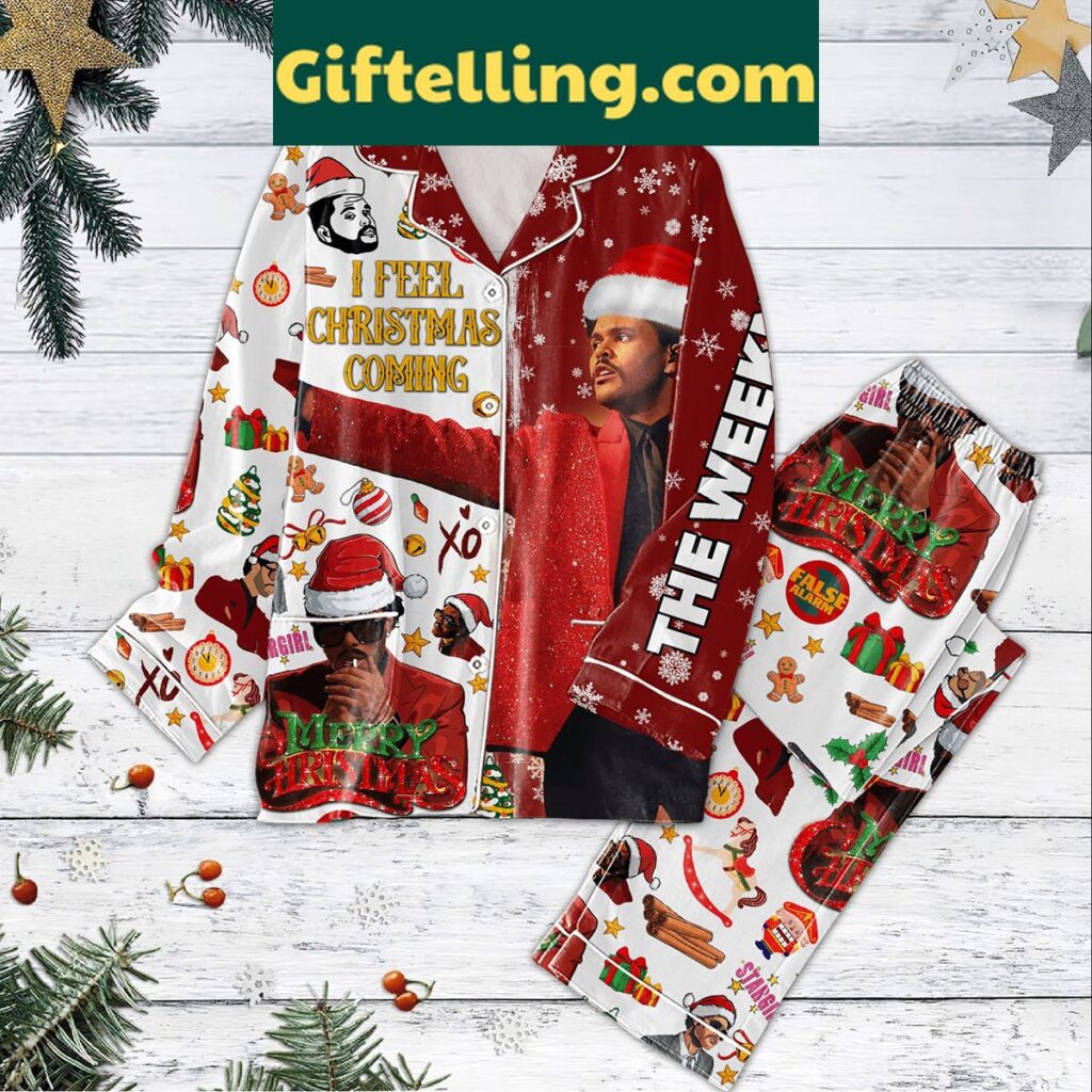 The Weeknd I Feel Christmas Coming Pajamas Set laid out on a bed