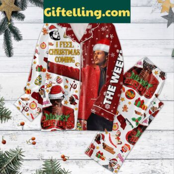The Weeknd I Feel Christmas Coming Pajamas Set laid out on a bed