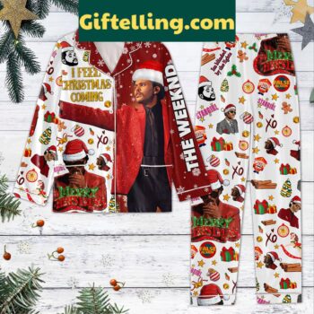 The Weeknd I Feel Christmas Coming Pajamas Set laid out on a bed