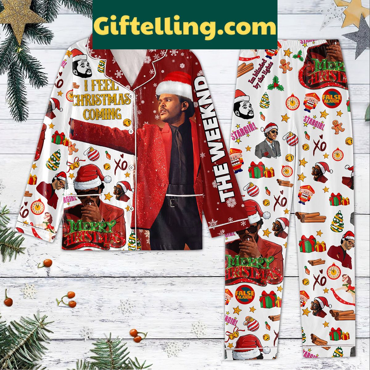 the-weeknd-i-feel-christmas-coming-pajamas-set-for-holiday-cheer-2 The Weeknd I Feel Christmas Coming Pajamas Set laid out on a bed