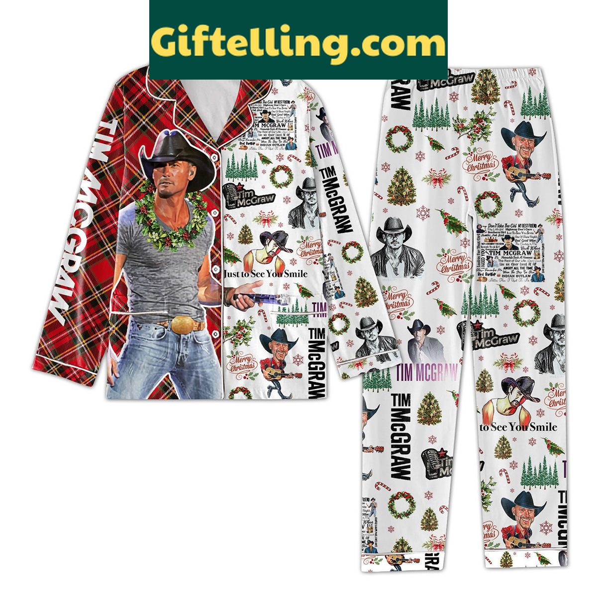 tim-mcgraw-just-to-see-you-smile-merry-christmas-pajamas-set-for-men-1 Tim McGraw Just To See product image showing design and team colors