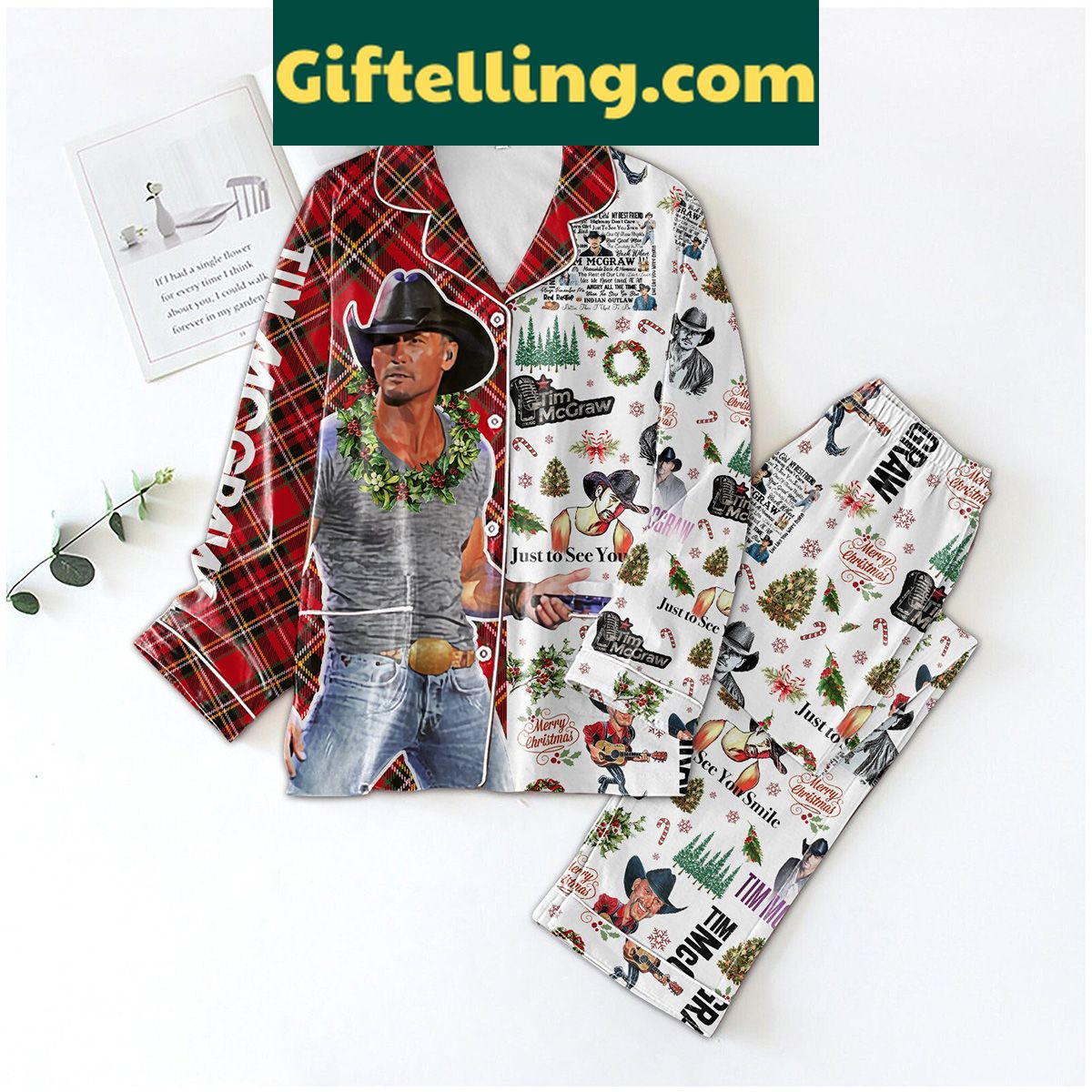 tim-mcgraw-just-to-see-you-smile-merry-christmas-pajamas-set-for-men-2 Tim McGraw Just To See product image showing design and team colors