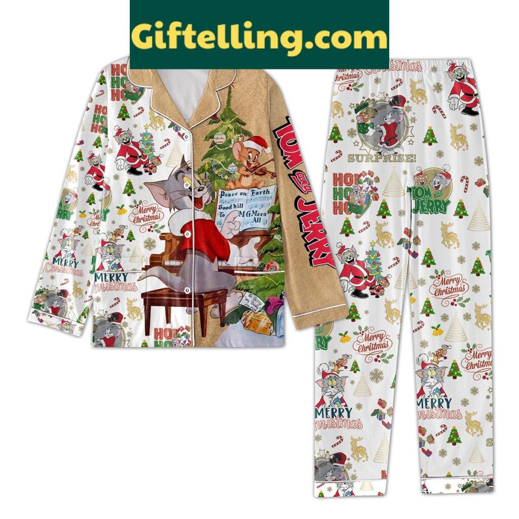Tom And Jerry Christmas pajamas set featuring cartoon characters on a holiday design