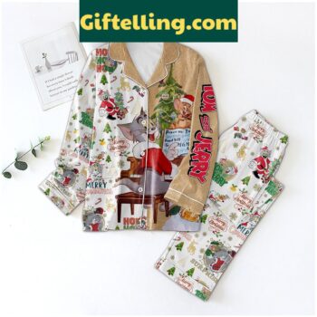 Tom And Jerry Christmas pajamas set featuring cartoon characters on a holiday design