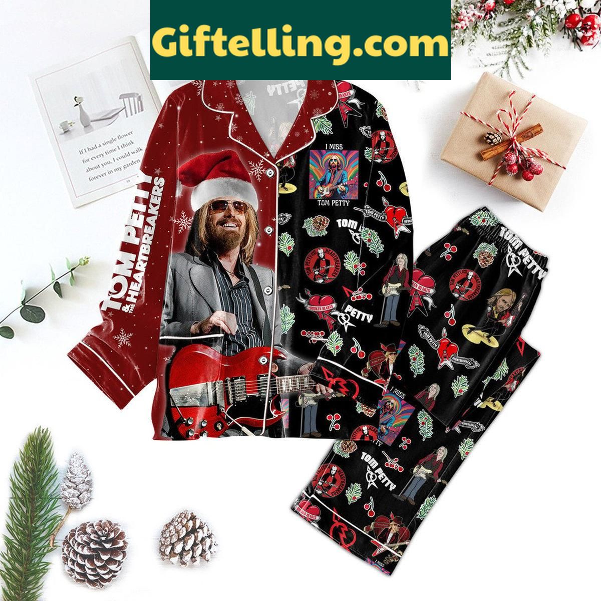 Tom Petty And The Heartbreakers Merry Christmas Polyester Pajamas Set Tom Petty And The Heartbreakers product image showing design and team colors