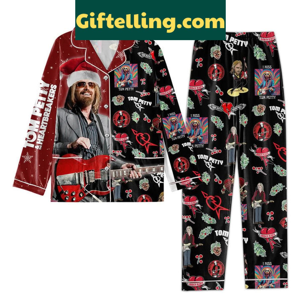 Tom Petty And The Heartbreakers Merry Christmas Polyester Pajamas Set Tom Petty And The Heartbreakers product image showing design and team colors