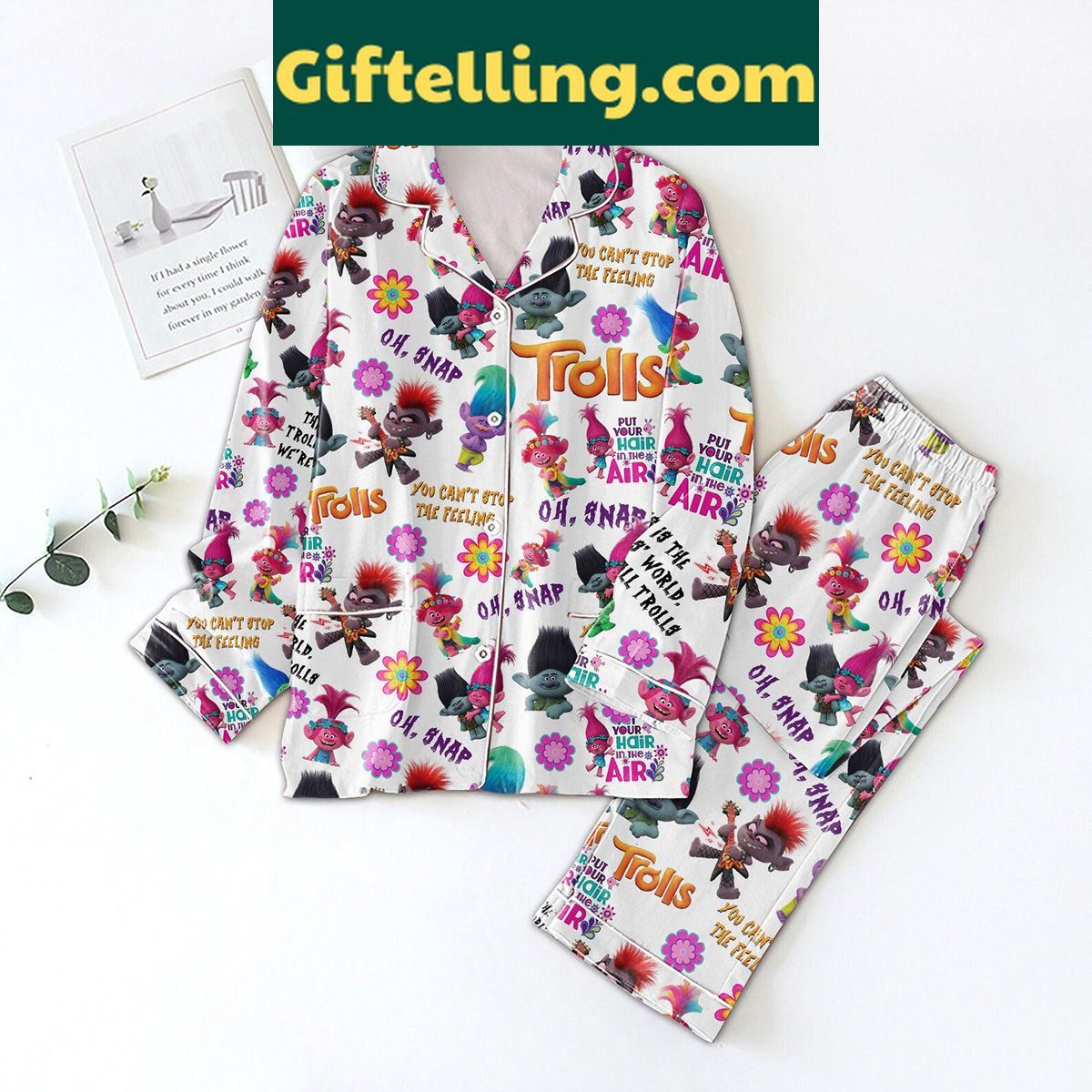 trolls-silk-pajamas-set-for-unstoppable-fun-1 Trolls silk pajamas set featuring Put Your Hair In The Air and Oh Snap designs