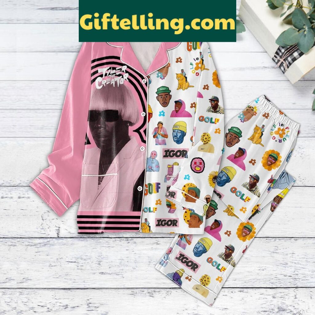 Tyler the Creator Igor Golf 2025 Pajamas Set laid out on a bed