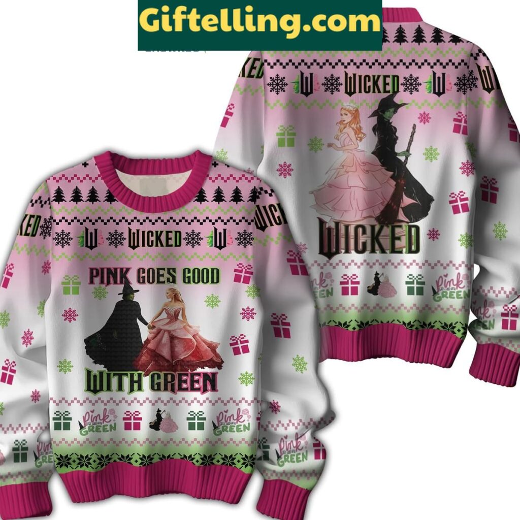 Wicked Pink Goes Good With Green Ugly Christmas Sweater for Movie Lovers