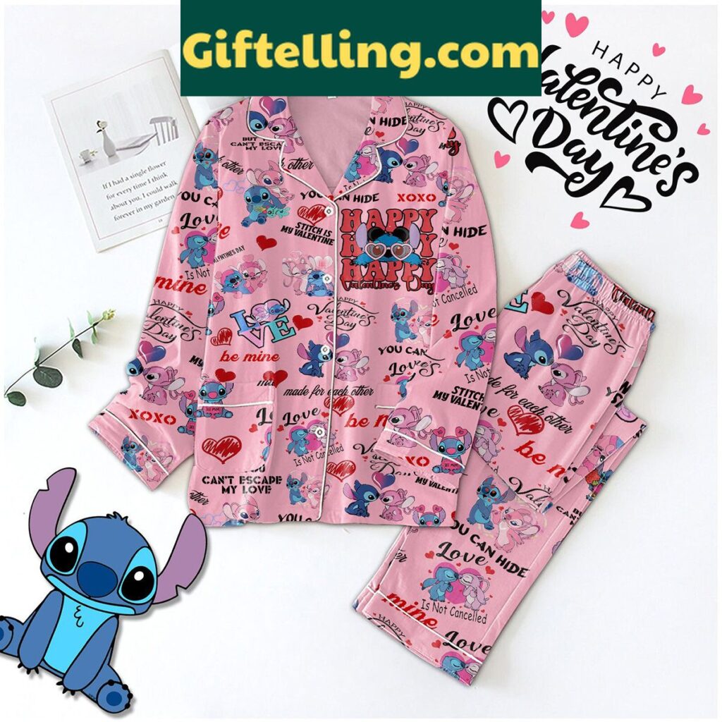Women's Valentine's Day Polyester Pajamas Set with Stitch Happy My Valentine Design