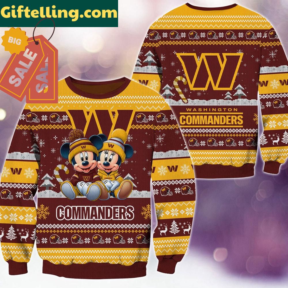 A festive ugly Christmas sweater featuring the Washington Commanders NFL logo alongside Mickey and Minnie Mouse