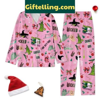 Wicked Changed For Good Christmas Polyester Pajamas Set Pink, featuring a festive design and soft, cozy fabric.